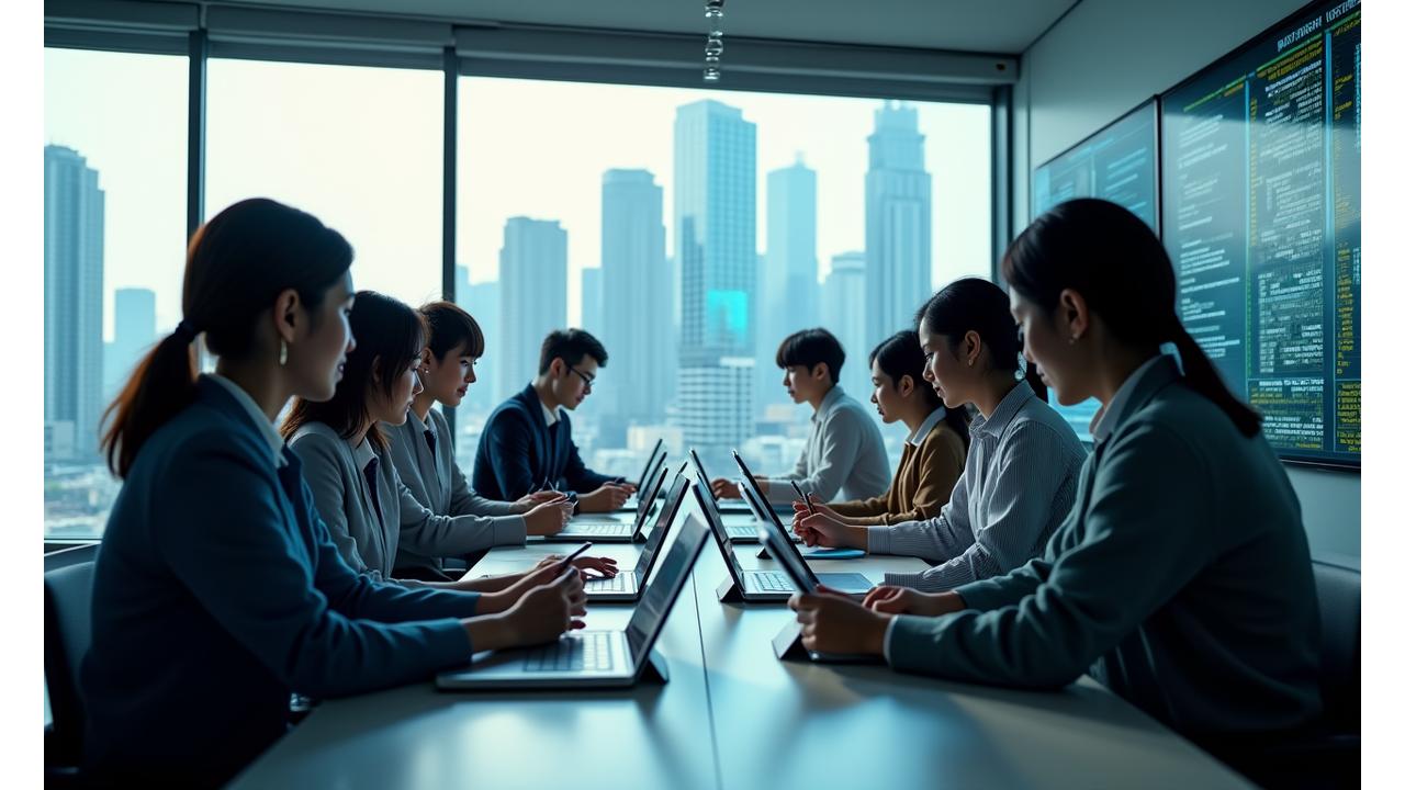 Team of Korean educators and AI specialists collaborating in a modern, bright office overlooking Seoul cityscape