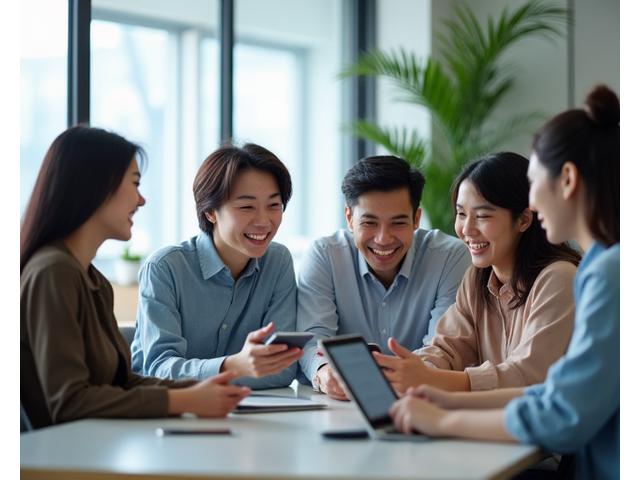 A modern office space featuring diverse, smiling Korean professionals engaging in collaborative work on digital devices, representing accessible communication and innovative solutions.