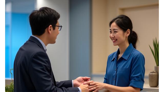깔끔한 은행 지점에서 고객과 상호 작용하는 한국 은행원