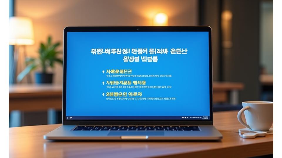 한국 사무실 풍경을 배경으로 한국 비즈니스 문화 시나리오 선택 화면이 보이는 노트북