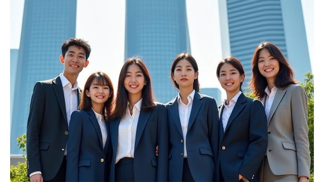 LG 트윈타워 앞에서 웃고 있는 한국 비즈니스 전문가들