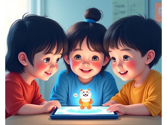 Elementary school children happily using tablets with AR content in a bright classroom.