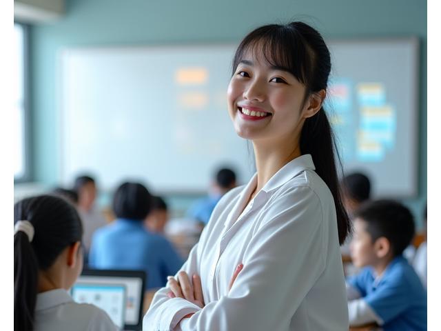 Smiling elementary school teacher in a modern classroom, standing next to a whiteboard with digital projections.