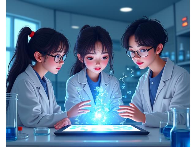 High school students excitedly conducting an AR chemistry experiment, with virtual molecules appearing above their lab table.