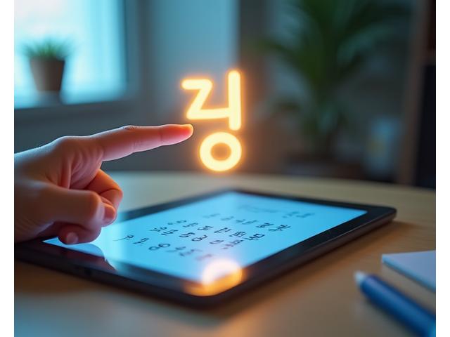 A student's hand reaching out to an AR projected Korean character, learning vocabulary.