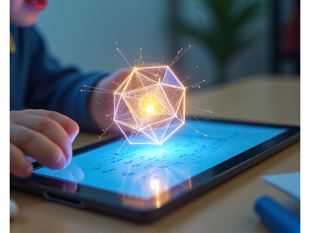 Student interacting with an augmented reality projection of a 3D geometric shape above a digital textbook.