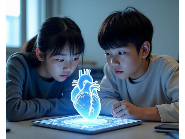 Middle school students collaborating around a tablet, observing an AR projection of a human heart model.