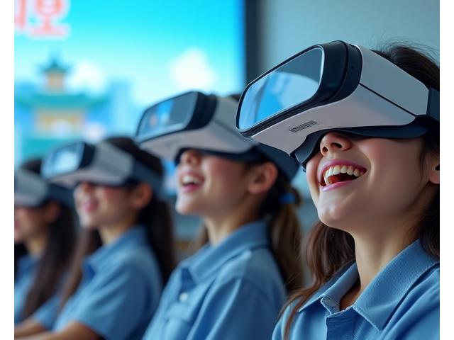 Students in a classroom wearing VR headsets, immersed in a virtual field trip to Gyeongbokgung Palace.
