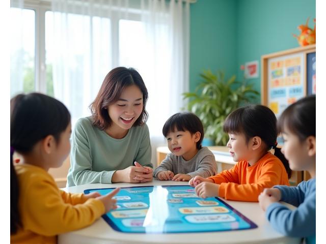 활기찬 한국 유치원 교실에서 선생님들이 학습 도구를 사용하는 모습