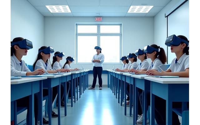 한국 학교의 VR 언어 실습실에서 학생들이 학습하는 모습