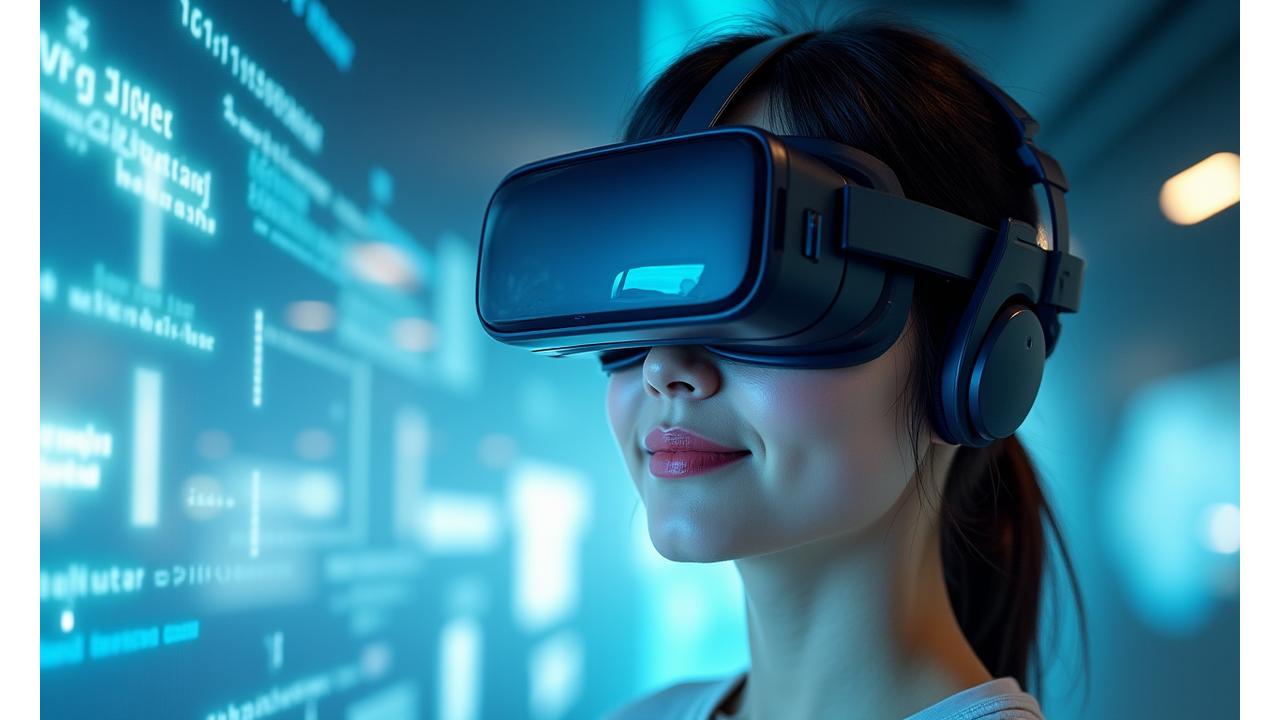 한국인 학생이 AR/VR 헤드셋을 착용하고 가상 한국 문화 속에서 언어 학습을 하고 있는 모습