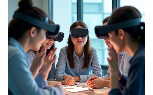 한국인 교사들이 AR/VR 언어 교육 도구를 활용하는 연수 모습