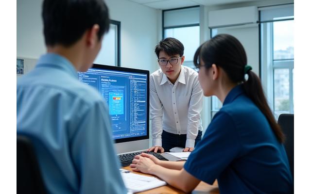 IT specialists assisting a Korean school administrator with AI software integration on computers.