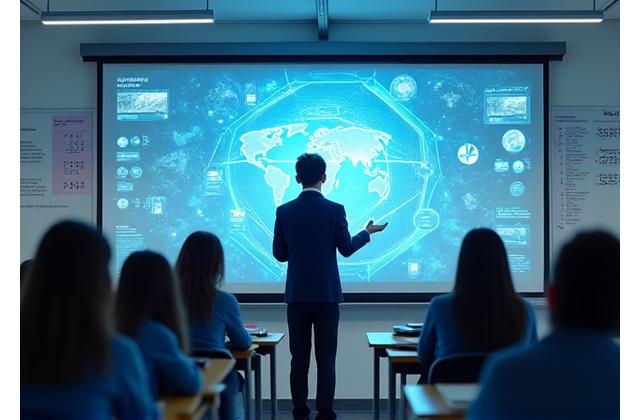 A high school teacher in Busan leading an interactive lesson with a digital whiteboard.