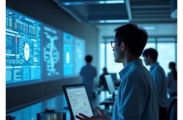 A university professor in Gangnam analyzing data on a large screen with students.