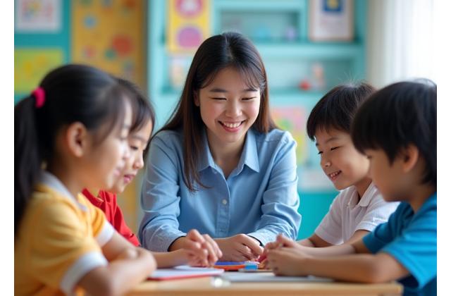 A smiling elementary school teacher in a vibrant Seoul classroom.