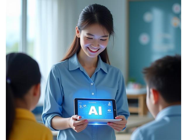 Korean teacher engaging with AI learning tools on a tablet in a modern classroom setting with students present.