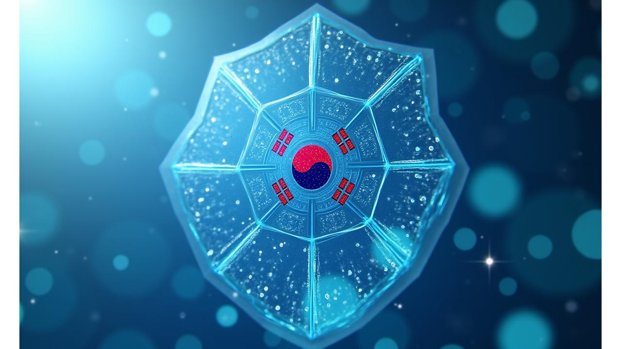 Abstract depiction of digital compliance, with a Korean flag symbol integrated into a network of secure data points, representing legal adherence.