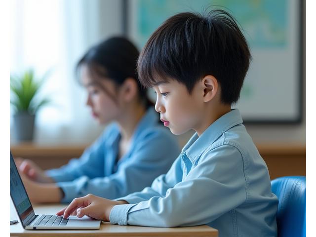 Illustration of a student using a tablet with educational content, watched over by a teacher from a distance, symbolizing responsible technology usage.